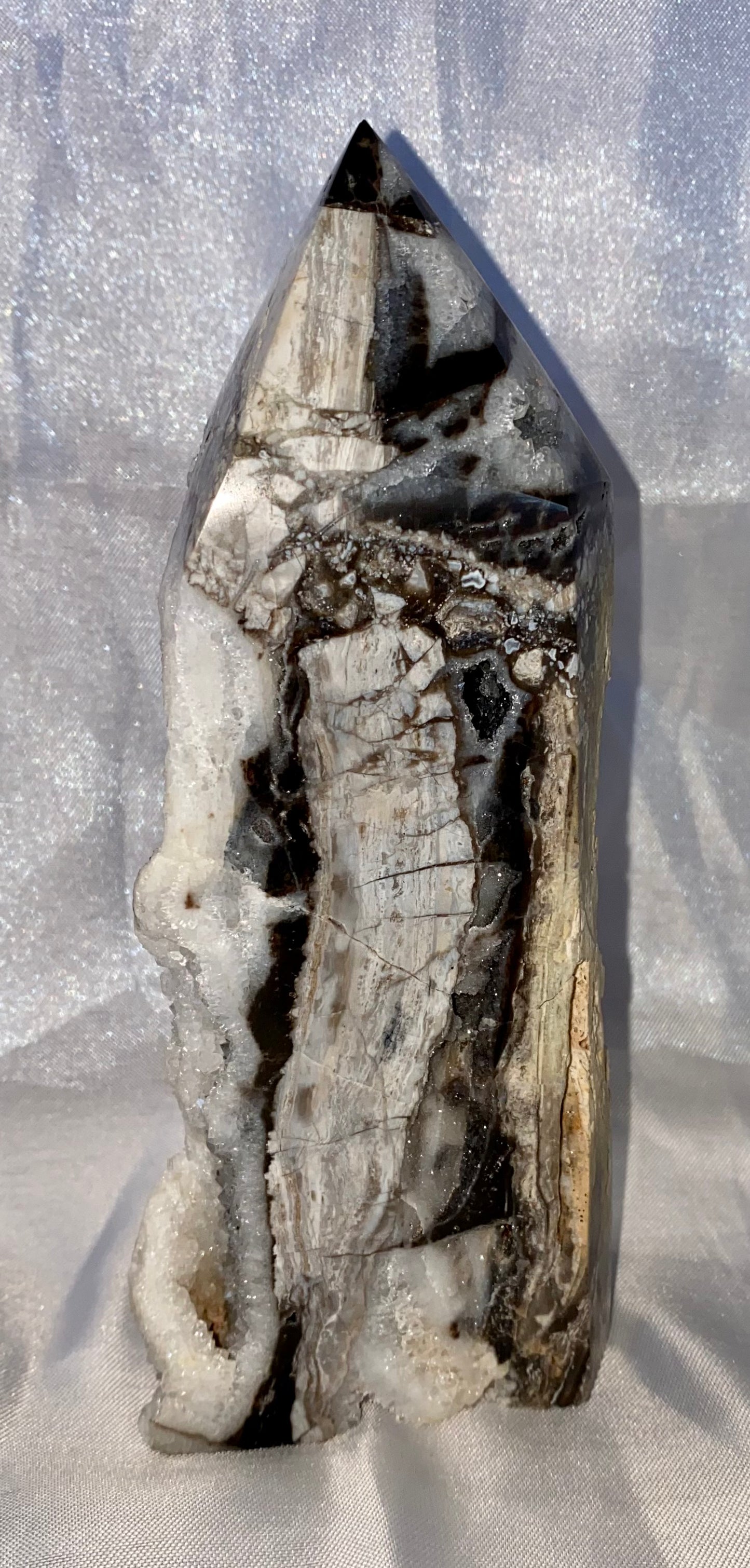 Sphalerite Tower s6 - asymmetric gray white stone sculpture with crystalline drusy (druzy)