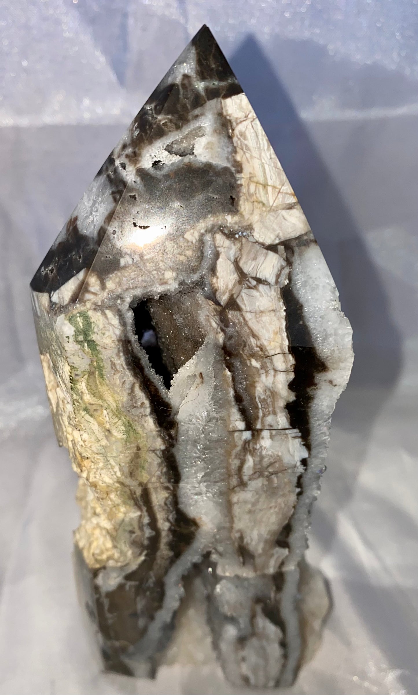 Sphalerite Tower s6 - asymmetric gray white stone sculpture with crystalline drusy (druzy)