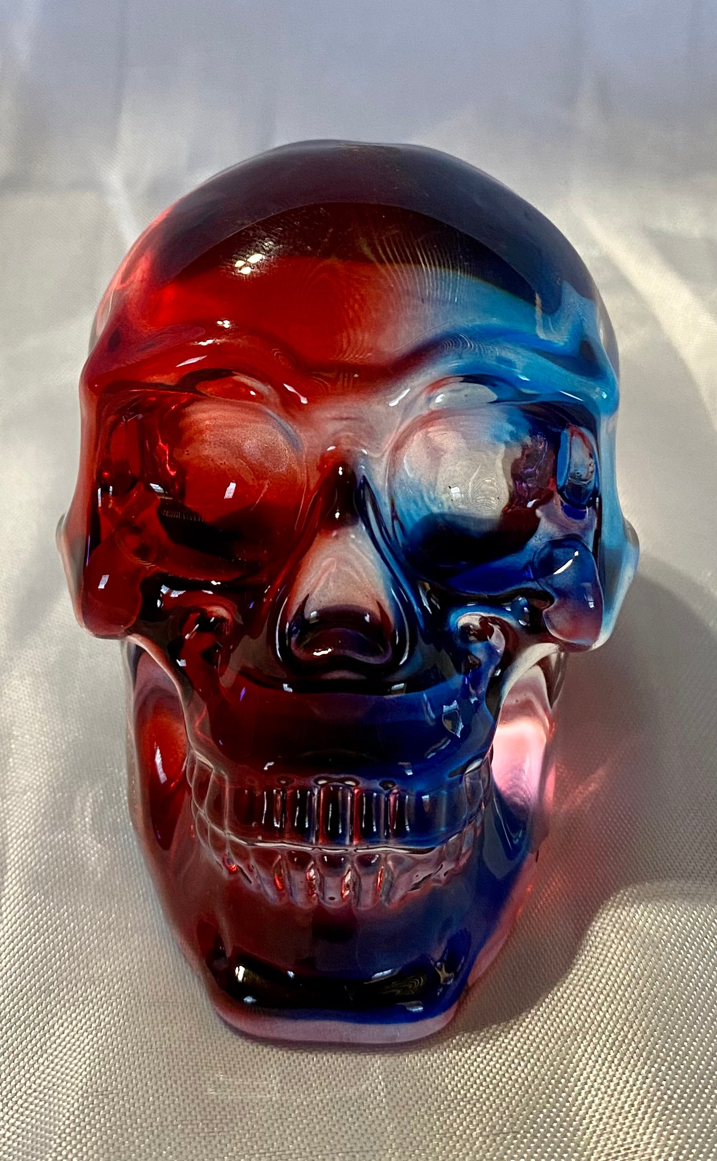 Large Colorful Glass Skull - Halloween decor, spooky polished sculpture