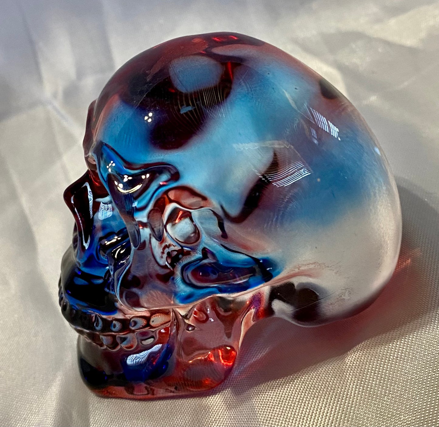 Large Colorful Glass Skull - Halloween decor, spooky polished sculpture