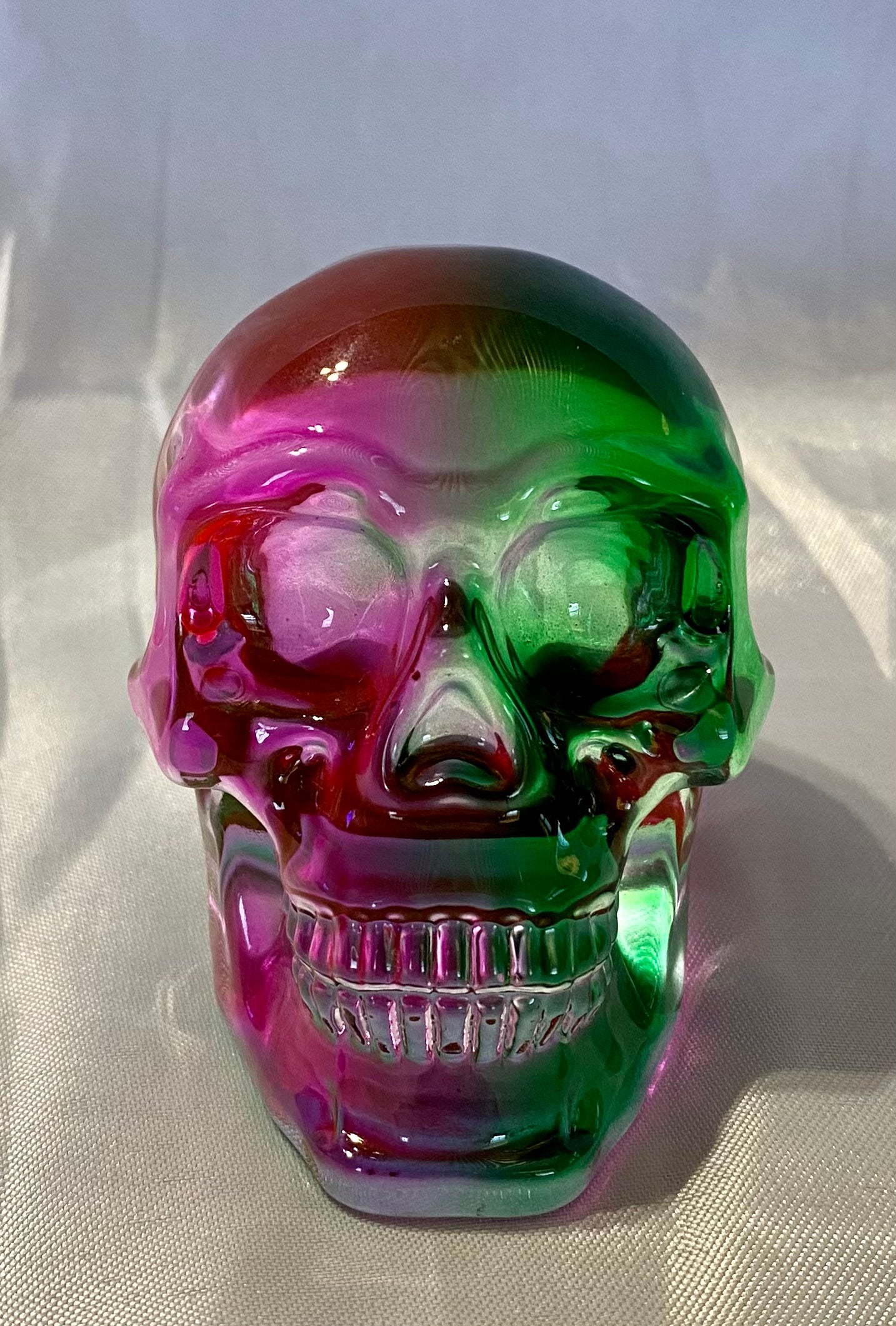 Large Colorful Glass Skull - Halloween decor, spooky polished sculpture