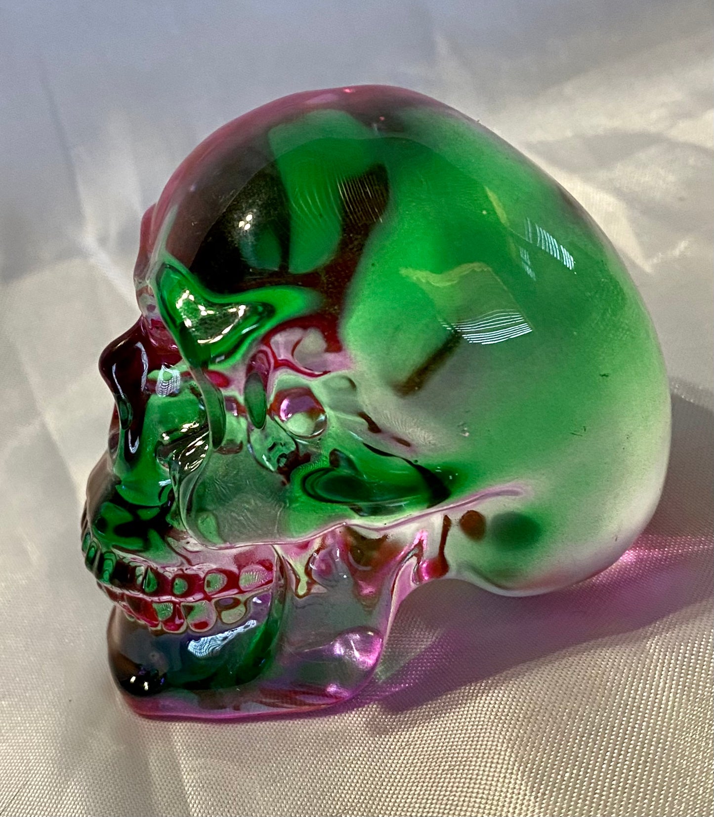 Large Colorful Glass Skull - Halloween decor, spooky polished sculpture