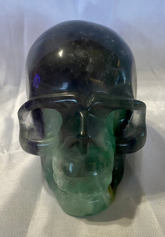 Large Fluorite Skull Sculpture 1 - Halloween decor, spooky polished green purple stone statue