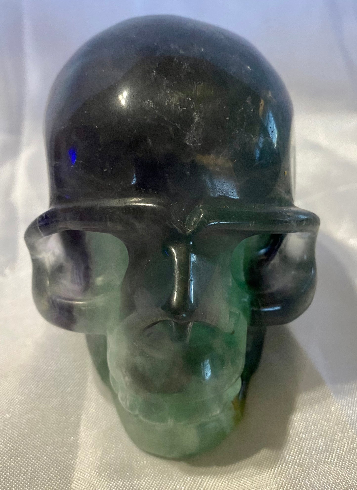 Large Fluorite Skull Sculpture 1 - Halloween decor, spooky polished green purple stone statue
