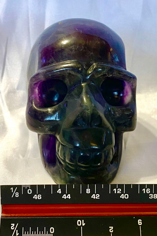 Large Fluorite Skull Sculpture 2 - Halloween decor, spooky polished purple green stone statue