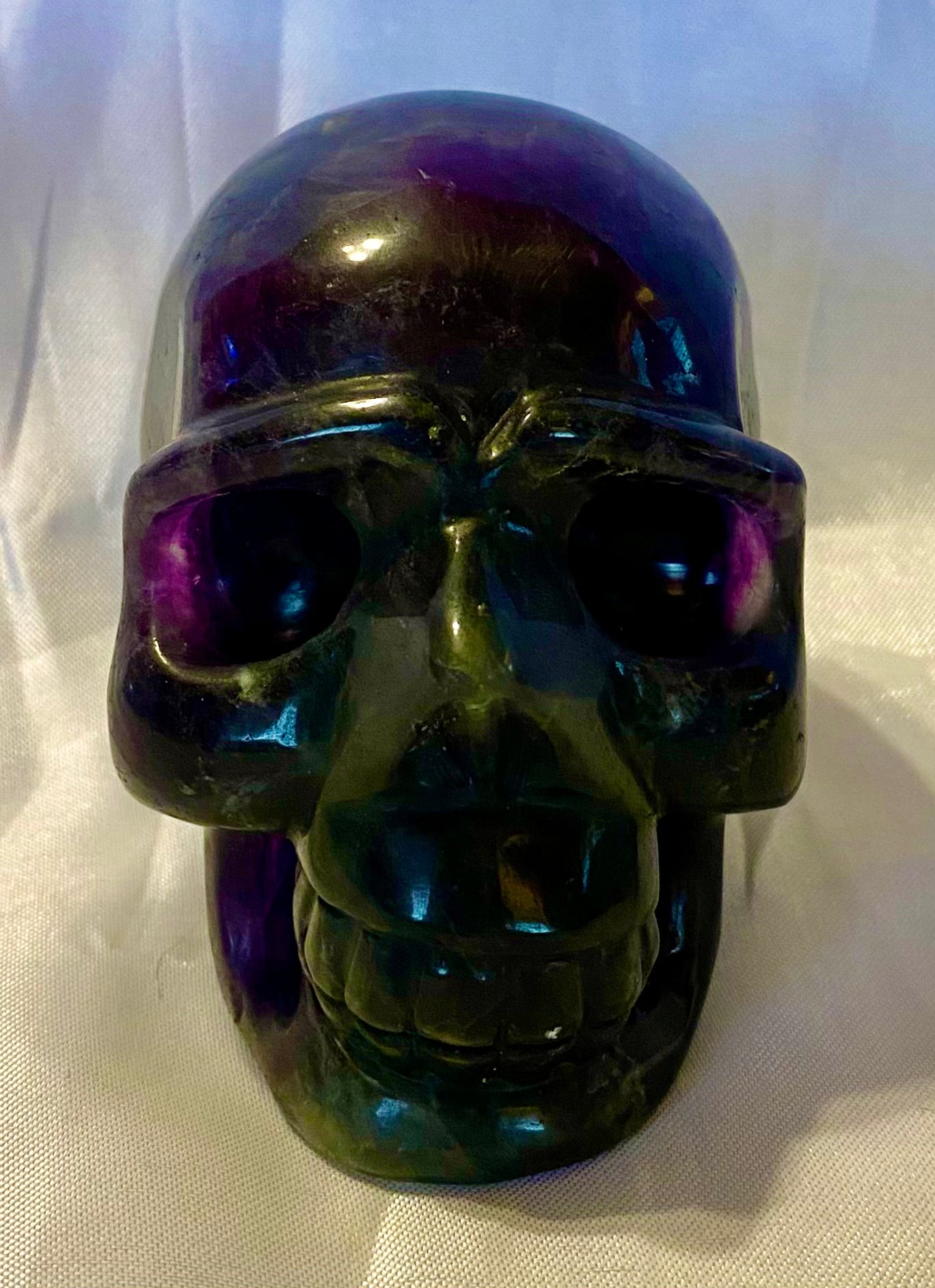 Large Fluorite Skull Sculpture 2 - Halloween decor, spooky polished purple green stone statue
