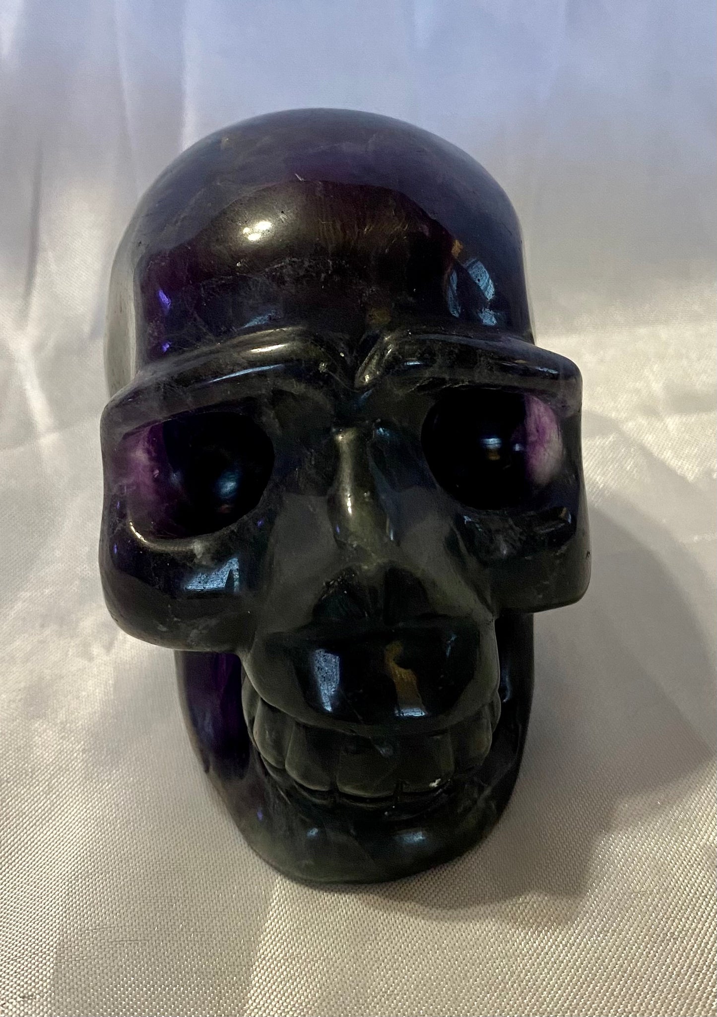 Large Fluorite Skull Sculpture 2 - Halloween decor, spooky polished purple green stone statue