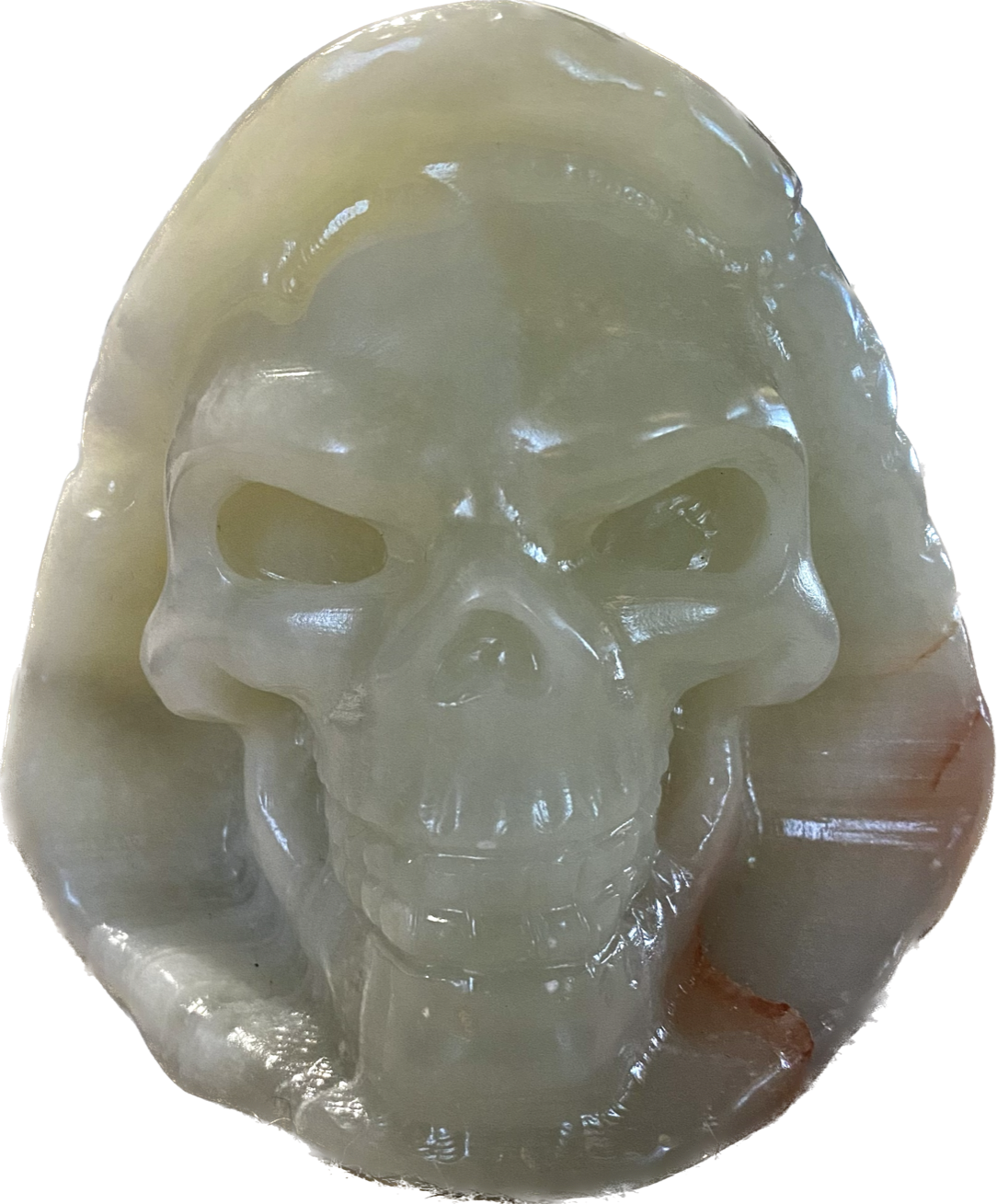 Afghanistan Jade Reaper Skull Statue 1, 2 - Halloween decor spooky polished green brown stone sculpture