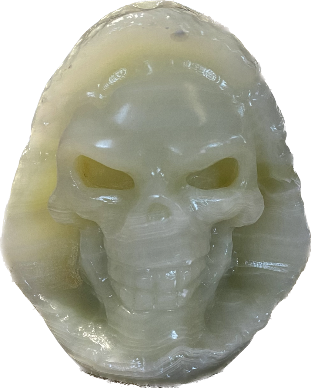 Afghanistan Jade Reaper Skull Statue 1, 2 - Halloween decor spooky polished green brown stone sculpture