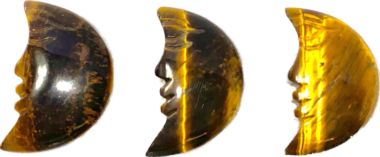 Tiger Eye Crescent Moon Face Figurine 1,2,3 - polished stone sculptures with flash