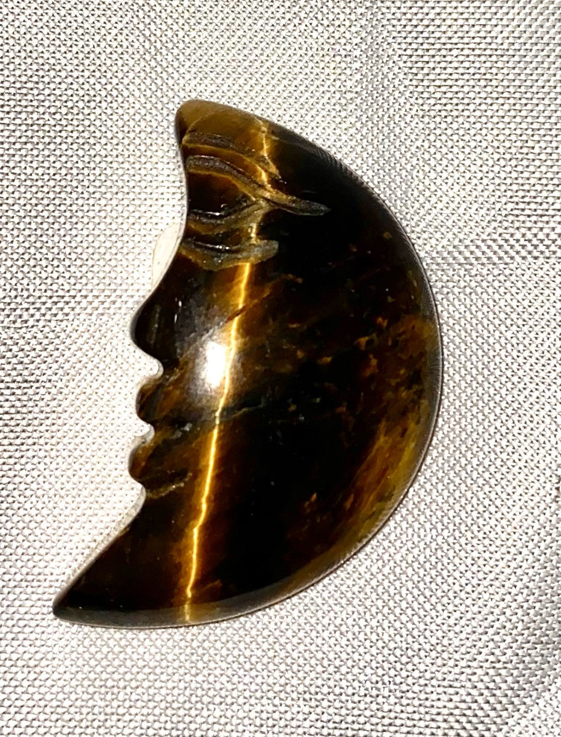 Tiger Eye Crescent Moon Face Figurine 1,2,3 - polished stone sculptures with flash