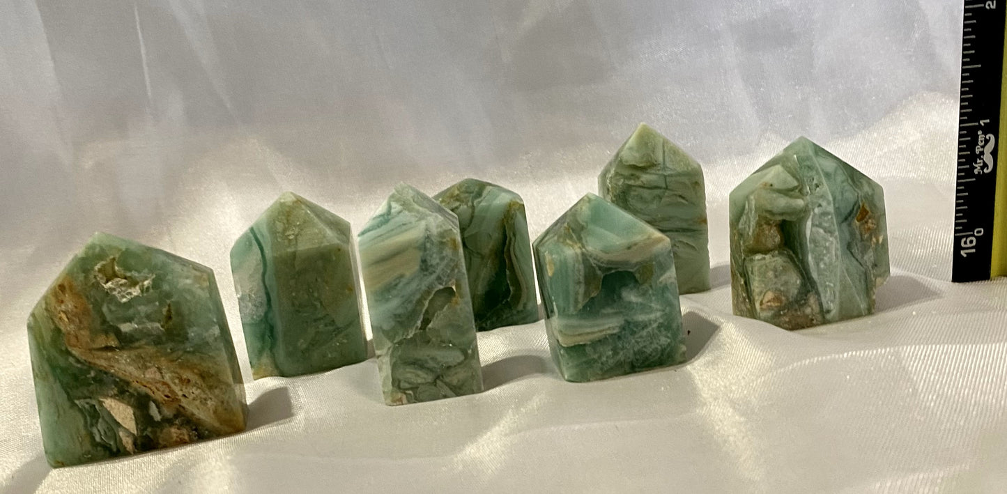 Green Calcite Point 2-8t - polished white green stone mini-tower sculpture