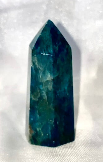 Apatite Point - polished blue green stone mini-tower sculpture