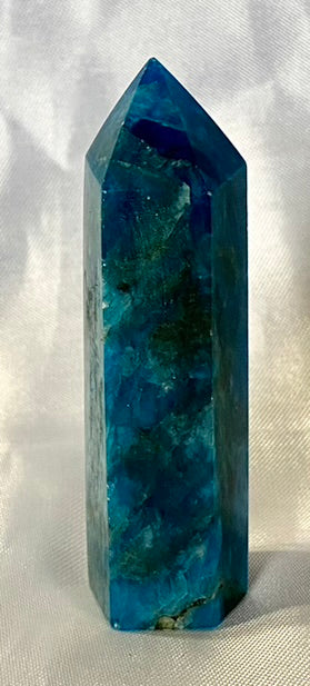 Apatite Point - polished blue green stone mini-tower sculpture