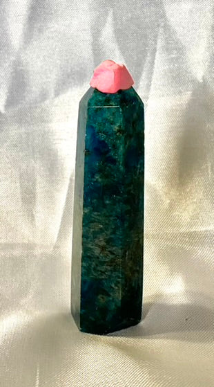 Apatite Point - polished blue green stone mini-tower sculpture