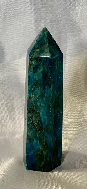 Apatite Point - polished blue green stone mini-tower sculpture