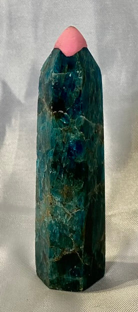 Apatite Point - polished blue green stone mini-tower sculpture