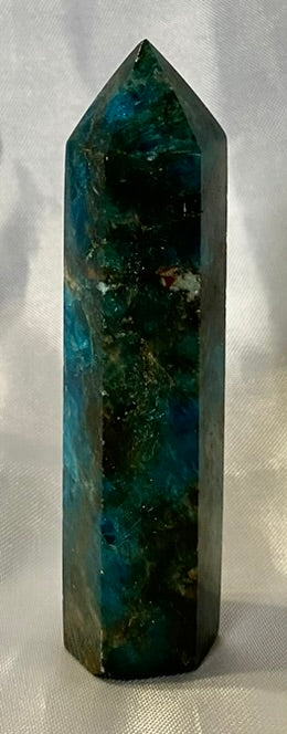 Apatite Point - polished blue green stone mini-tower sculpture