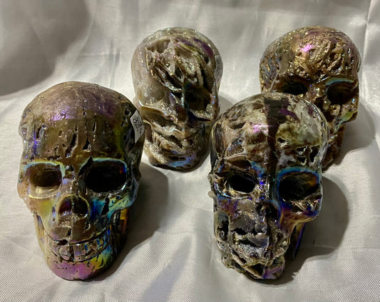 Sphalerite Aura Skull - Halloween decor, spooky polished stone sculpture