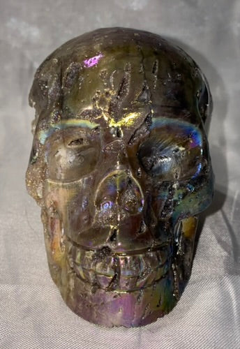 Sphalerite Aura Skull - Halloween decor, spooky polished stone sculpture