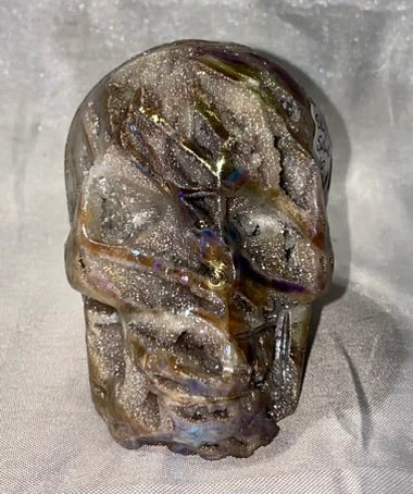 Sphalerite Aura Skull - Halloween decor, spooky polished stone sculpture