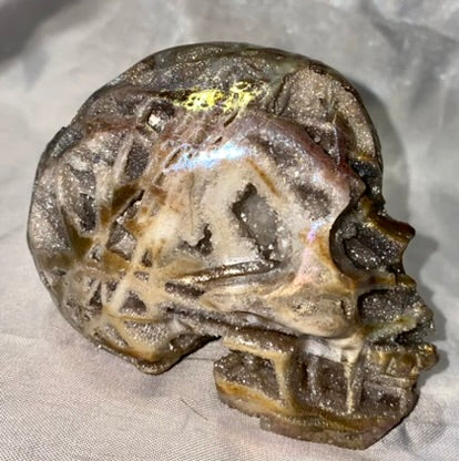 Sphalerite Aura Skull - Halloween decor, spooky polished stone sculpture