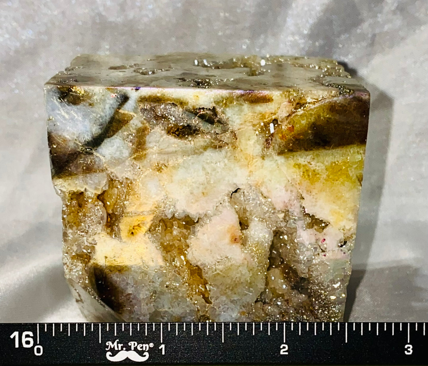 Sphalerite Cube with Aura l3 - auraed yellow black gray druzy and crystals stone sculpture cut to sit on its corner