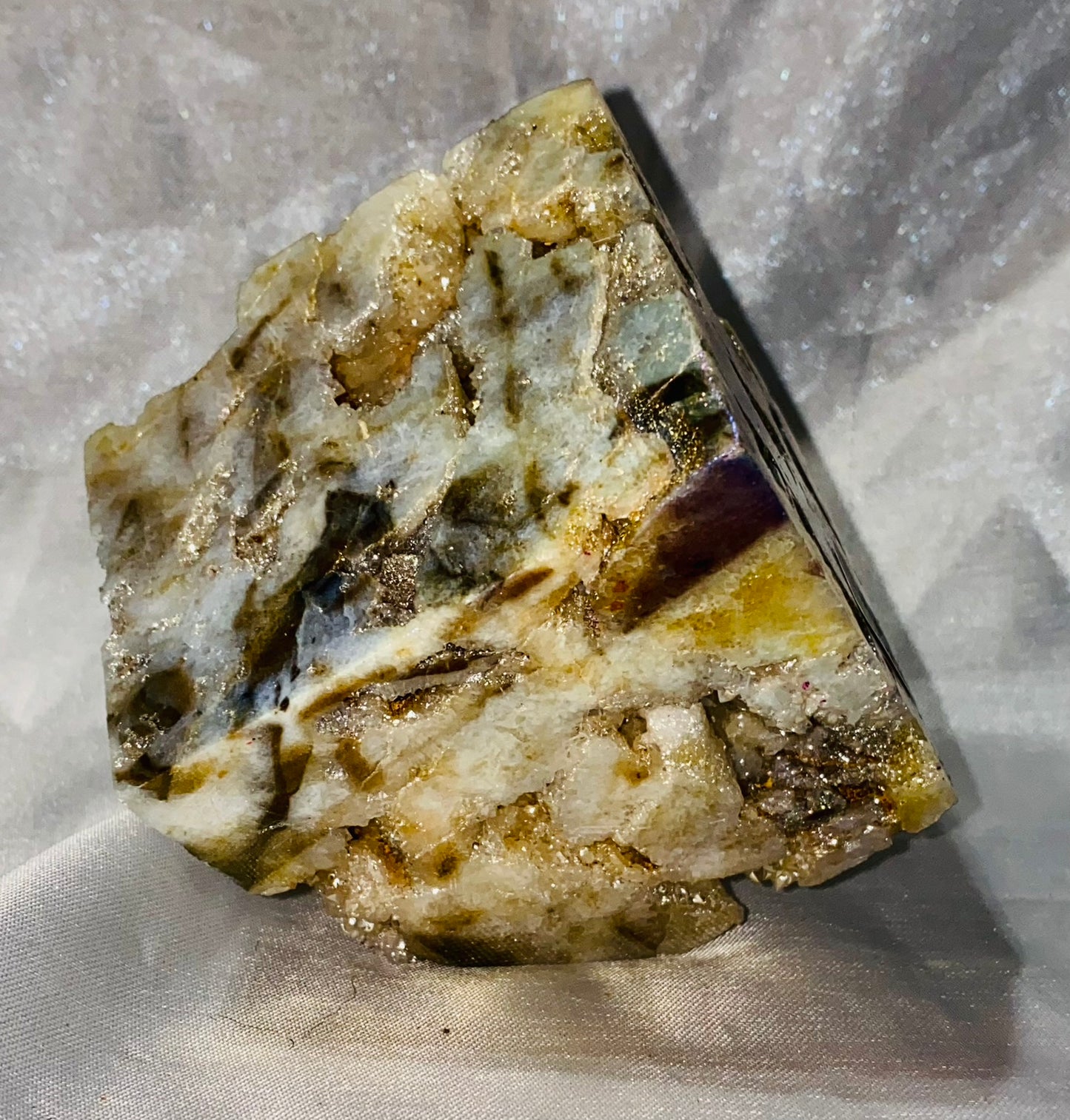 Sphalerite Cube with Aura l3 - auraed yellow black gray druzy and crystals stone sculpture cut to sit on its corner