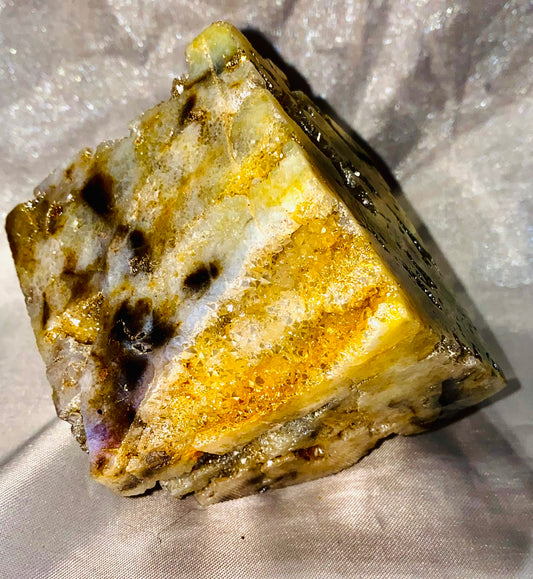 Sphalerite Cube with Aura l3 - auraed yellow black gray druzy and crystals stone sculpture cut to sit on its corner