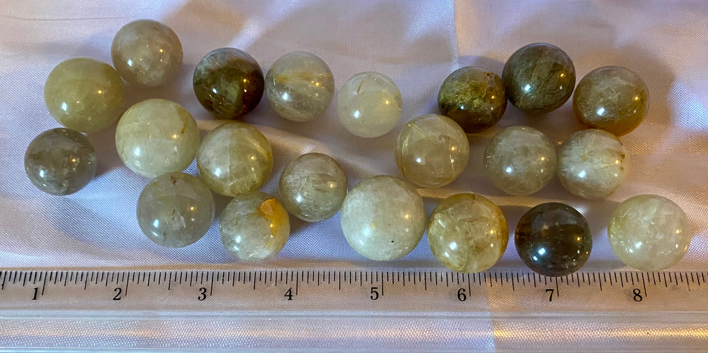 Rutilated Quartz Spheres tl - golden threads in clear quartz polished crystal sculptures