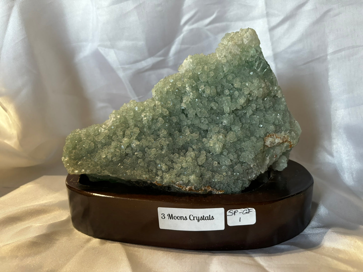 Green Fluorite Mineral Specimen, large and full of cubes, with wooden stand