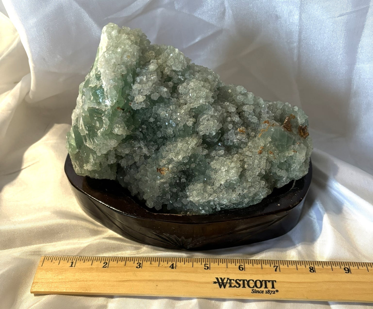 Green Fluorite Mineral Specimen, large and full of cubes, with wooden stand