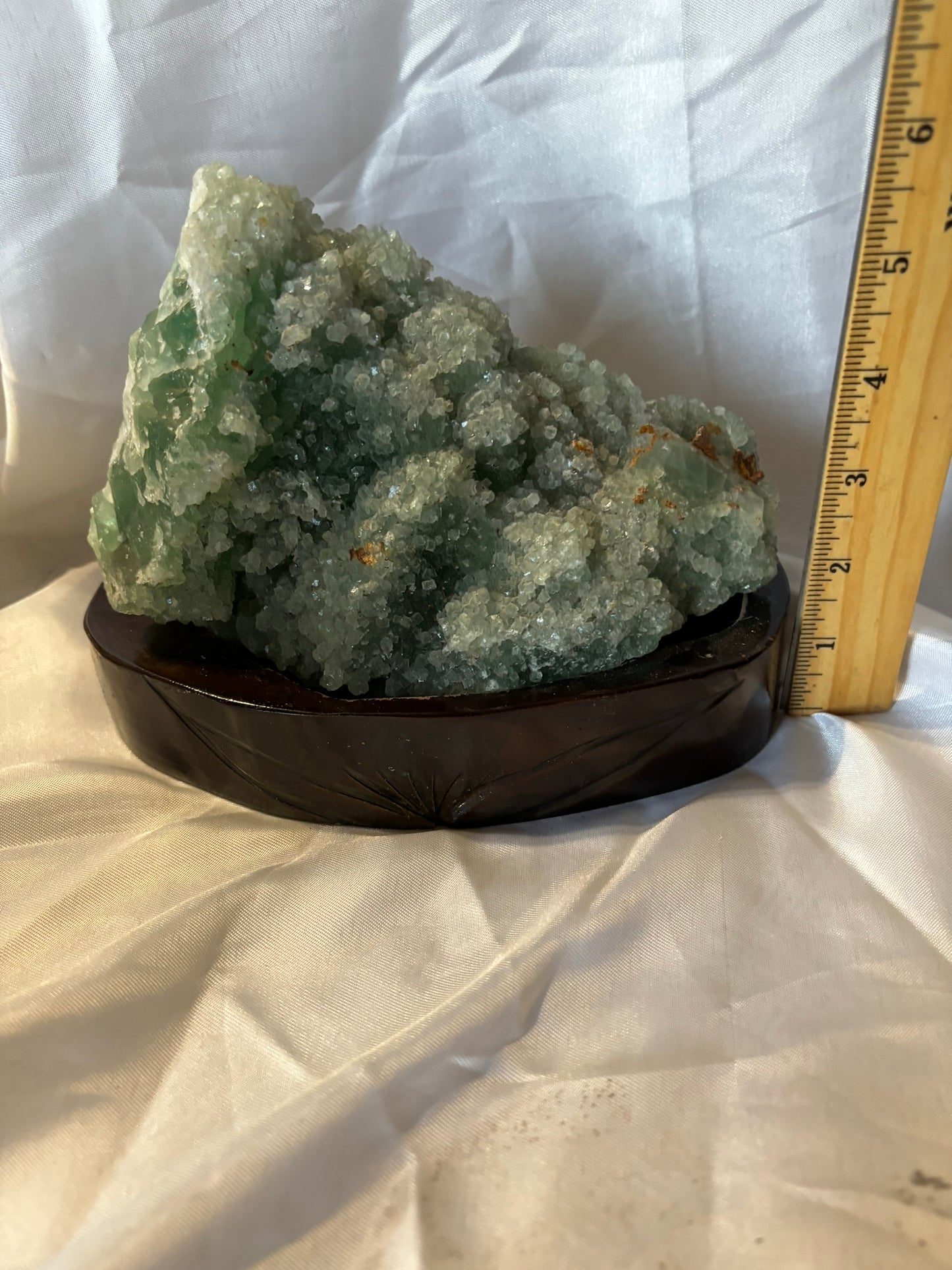 Green Fluorite Mineral Specimen, large and full of cubes, with wooden stand