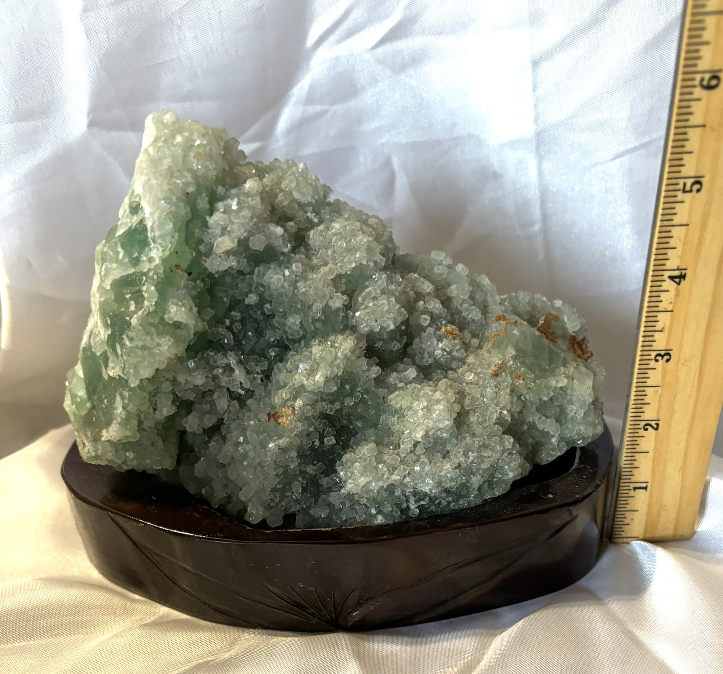 Green Fluorite Mineral Specimen, large and full of cubes, with wooden stand