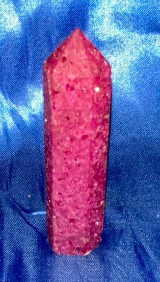 Mineral Ruby Point  (UV Reactive) - polished pink red stone mini-tower sculpture glows in blacklight