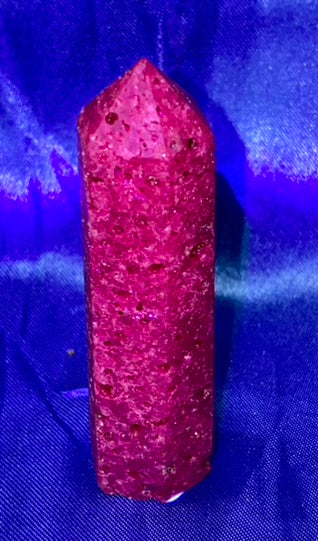 Mineral Ruby Point  (UV Reactive) - polished pink red stone mini-tower sculpture glows in blacklight