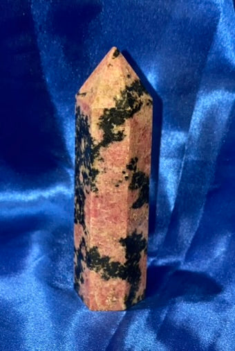 Rhodonite Point s3,4 - polished pink black stone mini-tower sculpture