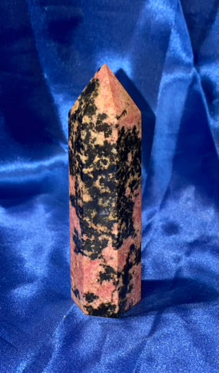 Rhodonite Point s3,4 - polished pink black stone mini-tower sculpture