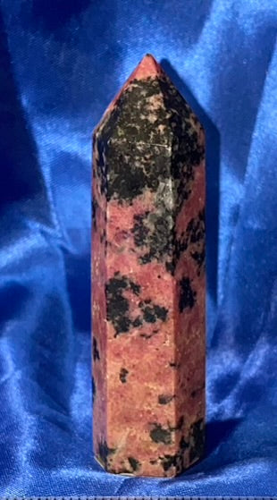 Rhodonite Point s3,4 - polished pink black stone mini-tower sculpture