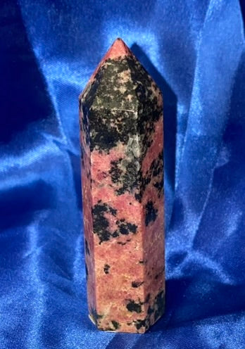 Rhodonite Point s3,4 - polished pink black stone mini-tower sculpture