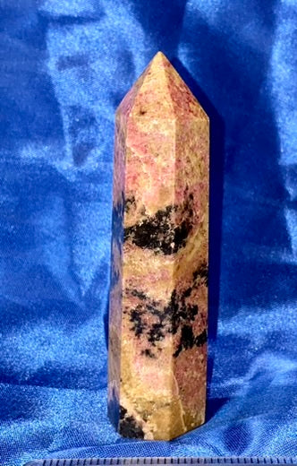 Rhodonite Point m1,2 - polished pink black stone mini-tower sculpture