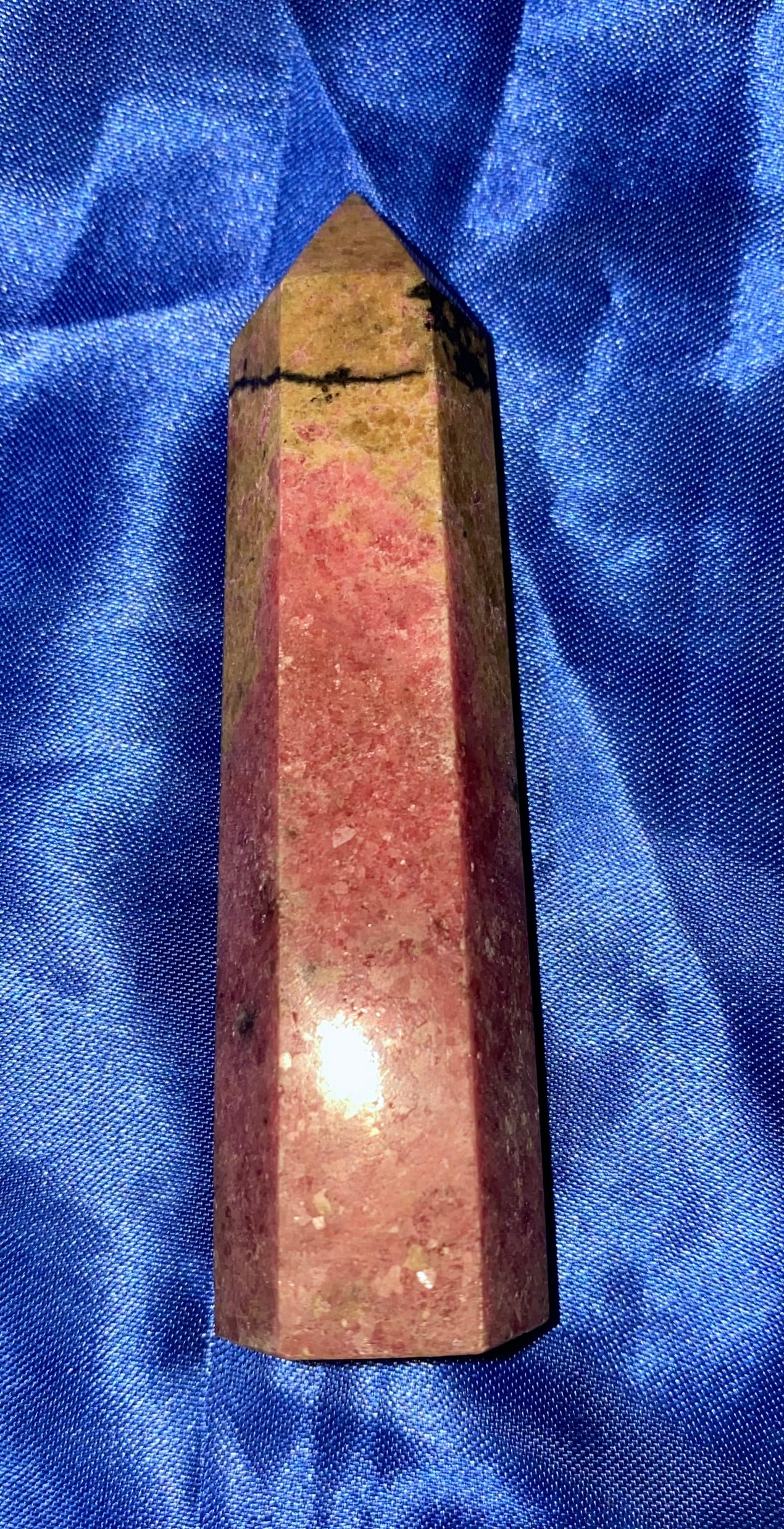 Rhodonite Point m1,2 - polished pink black stone mini-tower sculpture