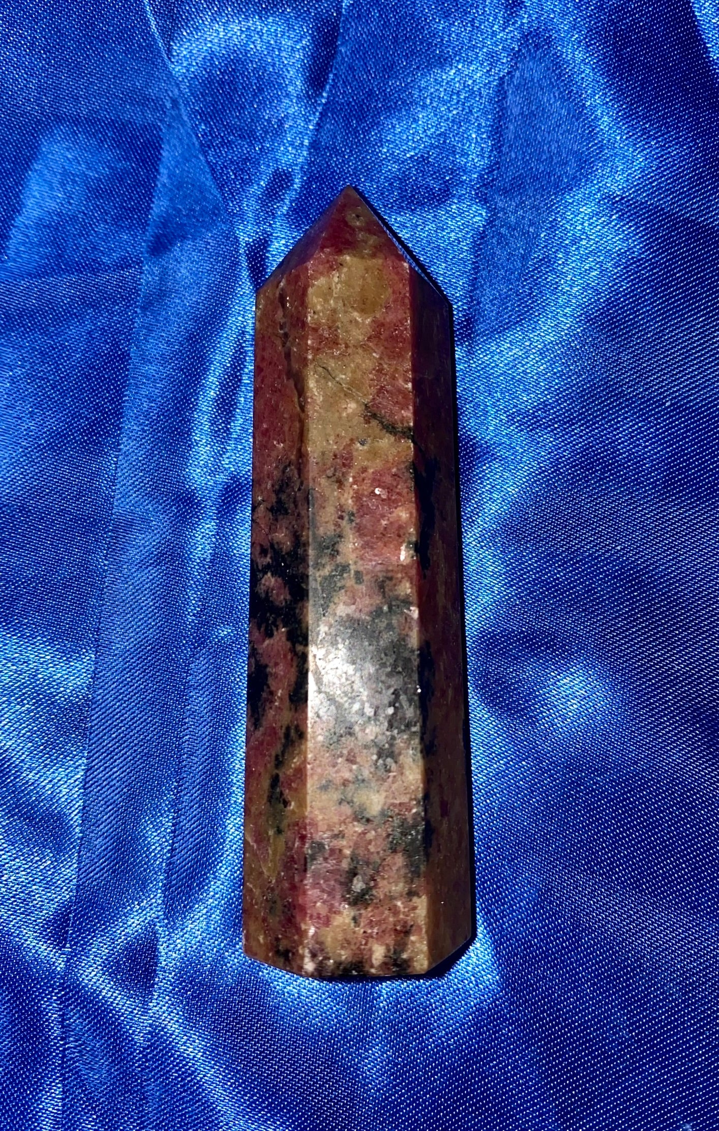 Rhodonite Point m3 - polished pink black stone mini-tower sculpture