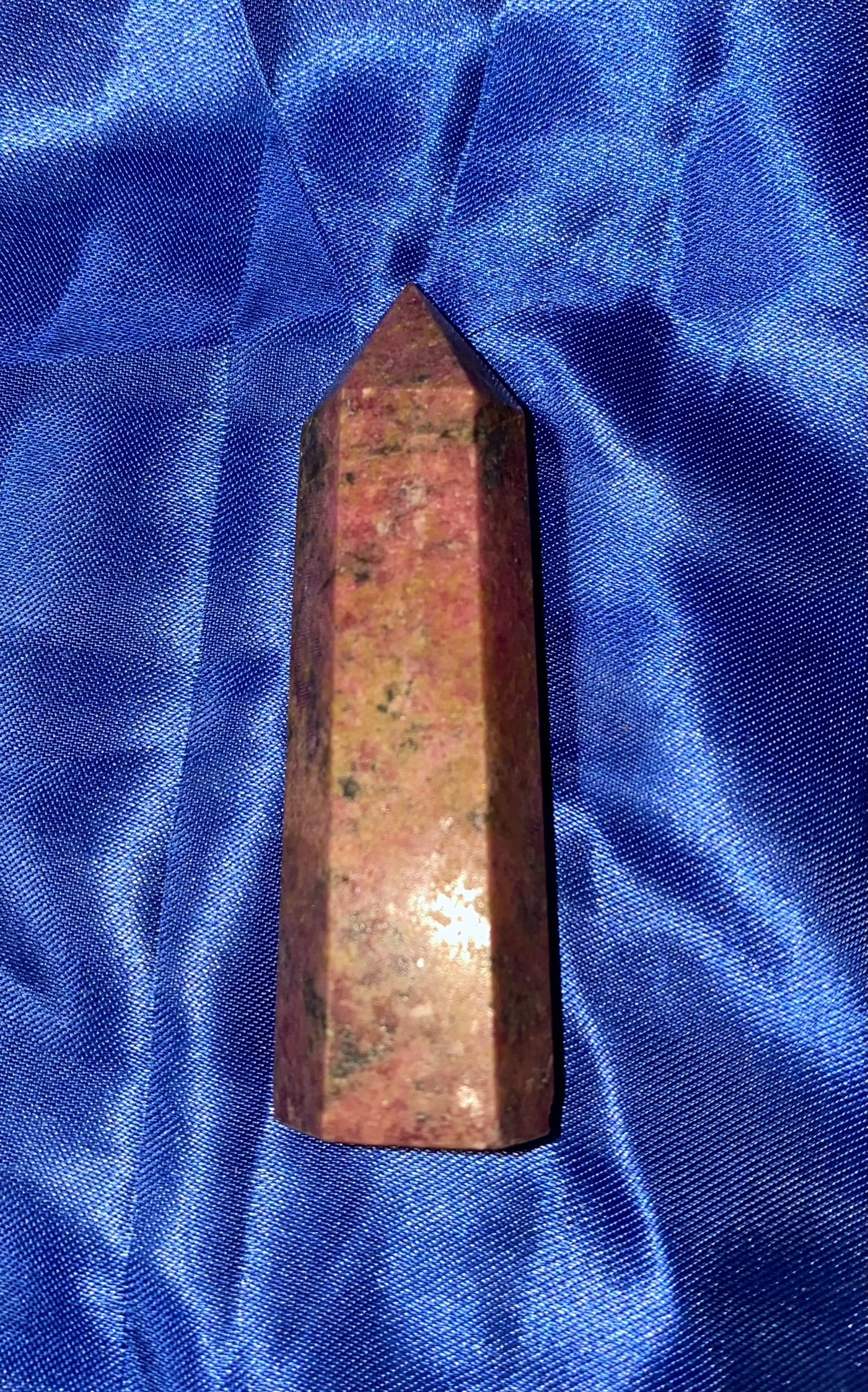 Rhodonite Point s5 - polished pink black stone mini-tower sculpture