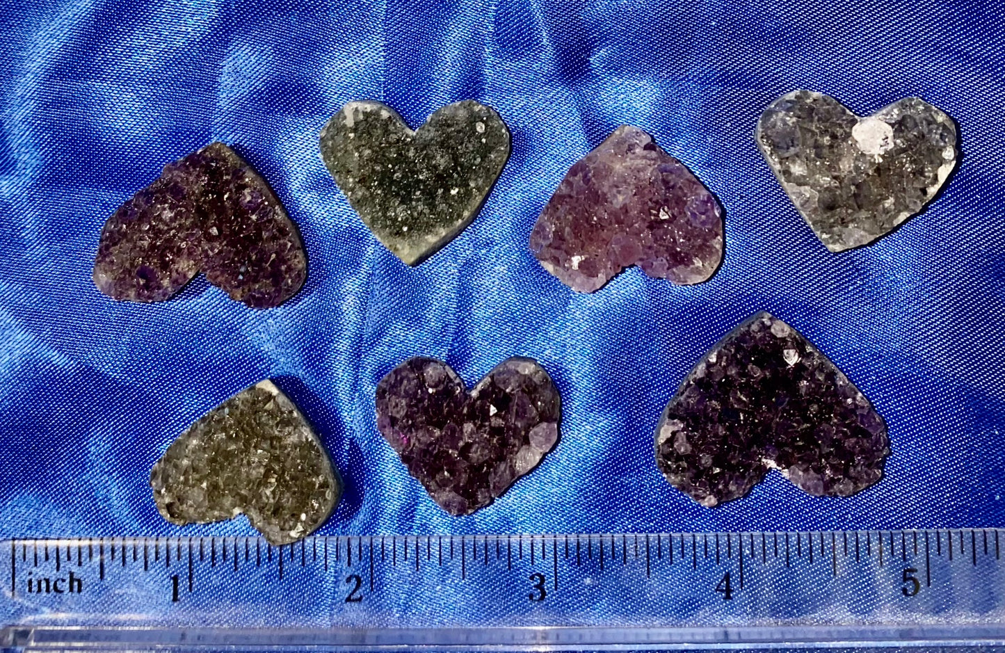 Amethyst Ametrine Heart Figurines m6-12, stone sculptures with druzy crystals