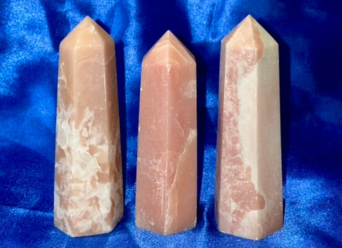 Pink Opal Point 7-9s - polished pink white stone mini-tower sculpture