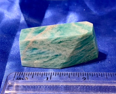 Amazonite Freeform 1 - green white pink polished stone sculpture with flash