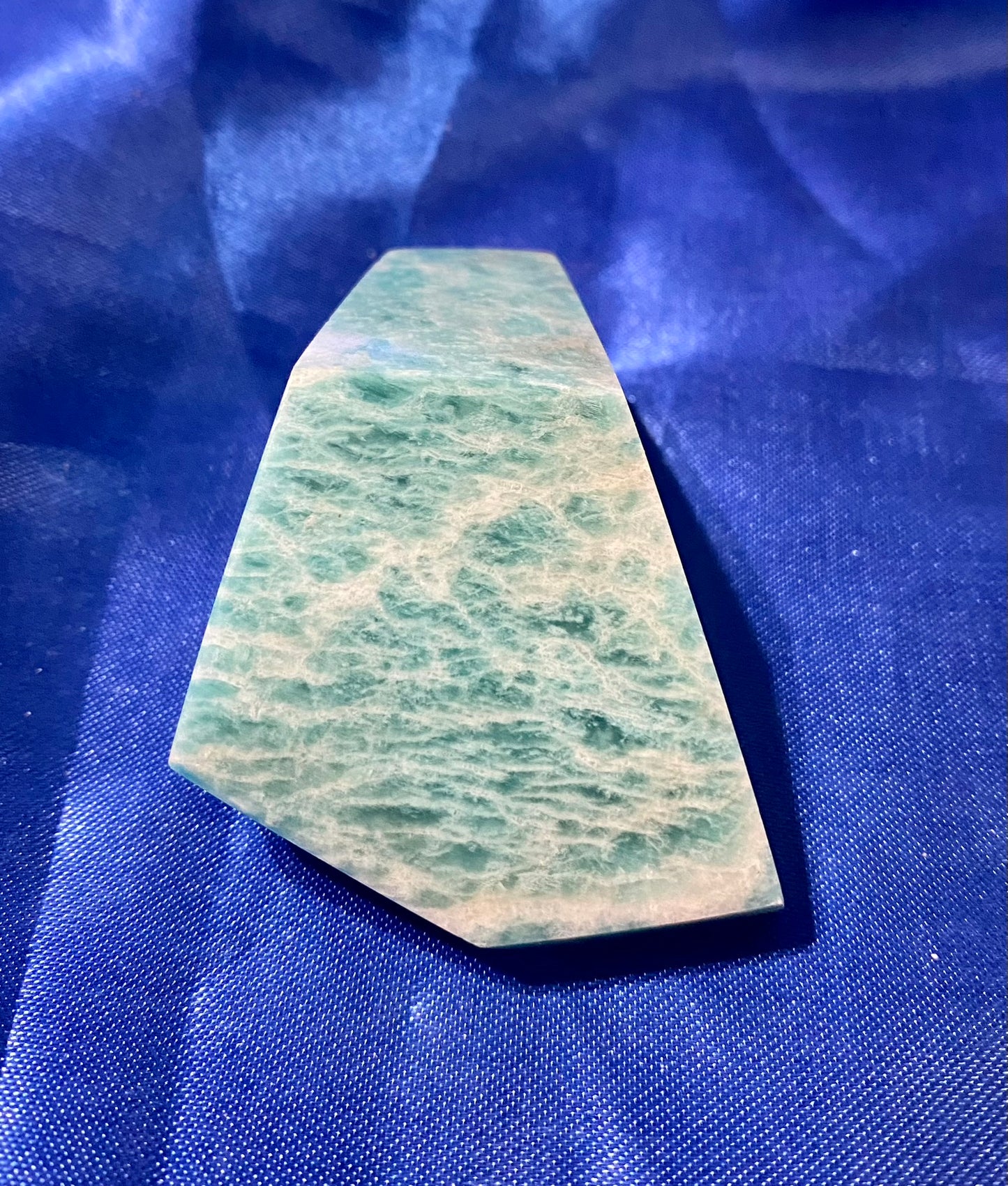 Amazonite Freeform 3 - green white pink polished stone sculpture with flash