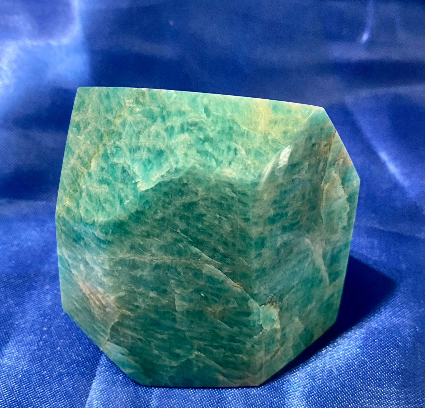 Amazonite Freeform 6 - green white pink polished stone sculpture with flash