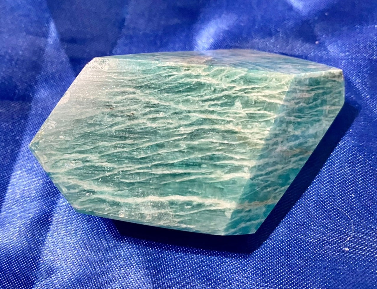 Amazonite Freeform 7 - green white pink polished stone sculpture with flash